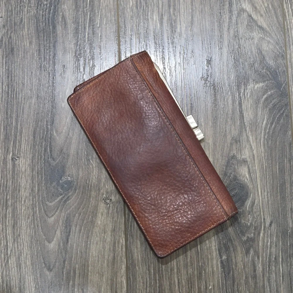 Fossil Kisslock Leather Clutch Wallet Brown Coin Pouch Card Holder Vintage